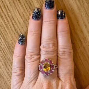 Sterling Silver 5.48g Citrine and Ruby 4.7ct Ring Size 7